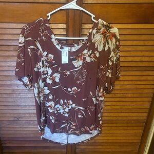 Maurices Floral Short Sleeve Top - Brown and Cream